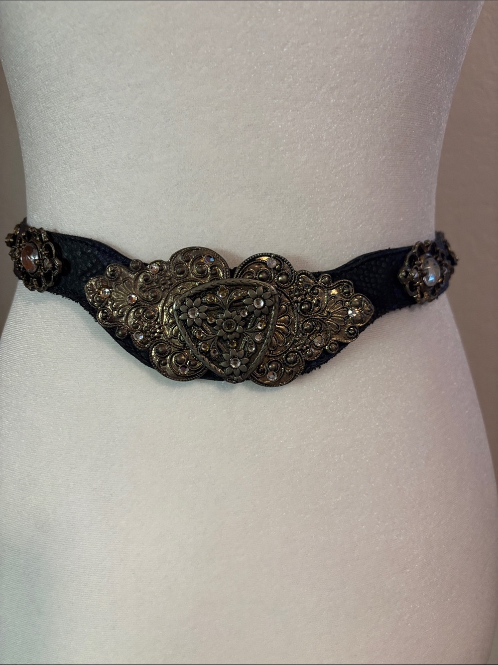 Vintage Leatherock Black Belt with Ornate Gold-Tone Floral Heart Buckle